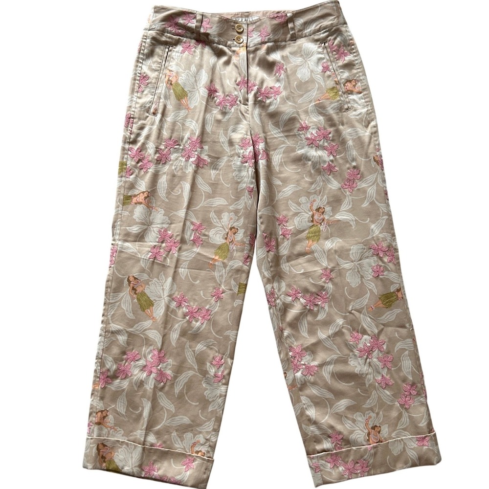 Tommy Bahama Womens Embroidered Cropped Cotton Silk Blend Hula Print Pants - 4 - Picture 1 of 5